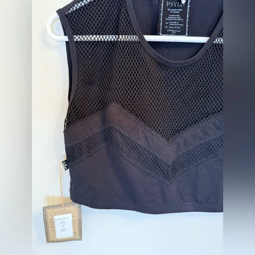PSYLO super crop top Black Mesh Sleeveless 100% organic cotton SZ 4 MSRP $54 - Picture 5 of 10